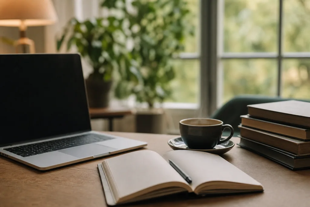 Redaktioneller Schreibtisch am Fenster mit Laptop, offenem Notizbuch, Kaffee und Büchern, Sinnbild für journalistische Arbeit.