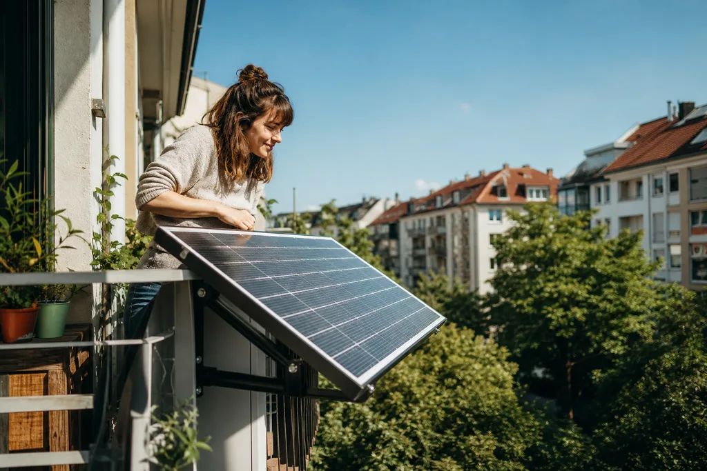 Symbolbild: ein junger Mann montiert ein Balkonkraftwerk mit nach außen zur Sonne zeigenden Solarmodulen an einem Balkongeländer.