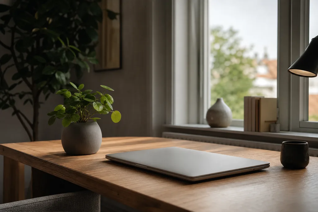 Aufgeräumter Schreibtisch mit geschlossenem Laptop und einer Pflanze am Fenster, Sinnbild für Datenschutz und Vertrauen.