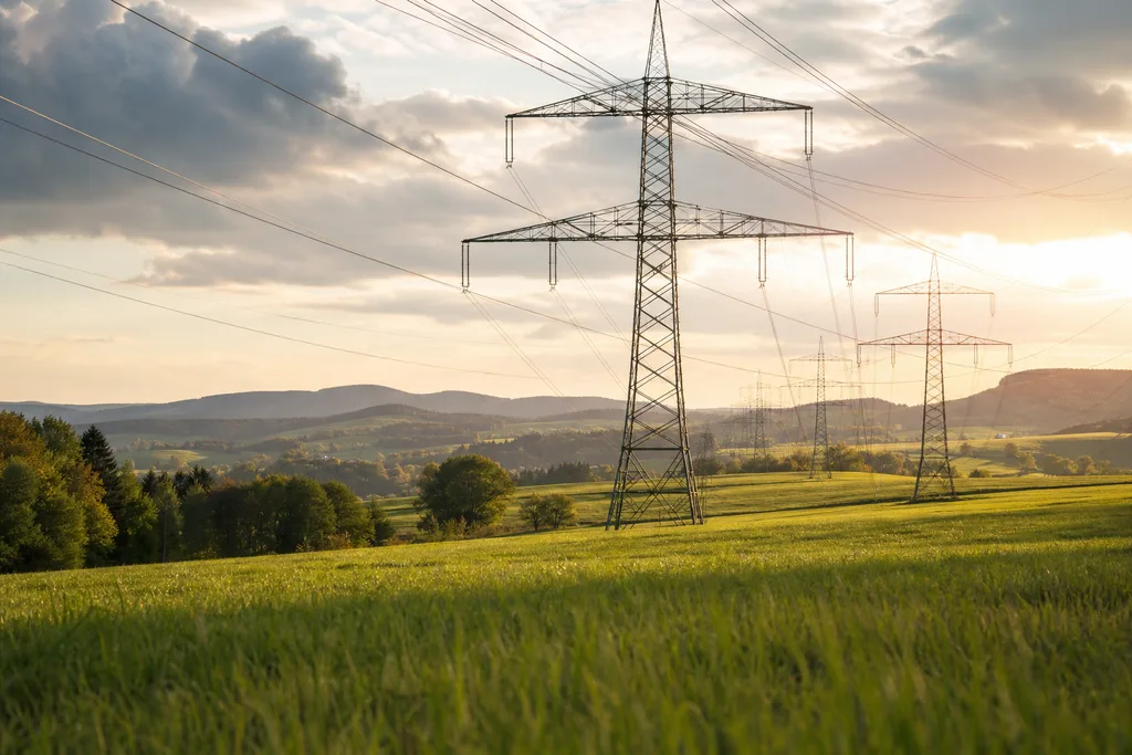 Hochspannungsleitungen und Strommasten ziehen bei goldenem Abendlicht durch eine grüne deutsche Landschaft, Sinnbild für die Stromnetz-Infrastruktur der Netzbetreiber.