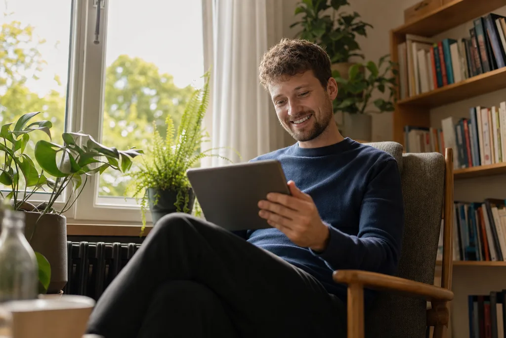 Symbolbild: eine junge Frau liest entspannt zu Hause mit Laptop und Tee, Sinnbild für fundierte Strom-Ratgeber.