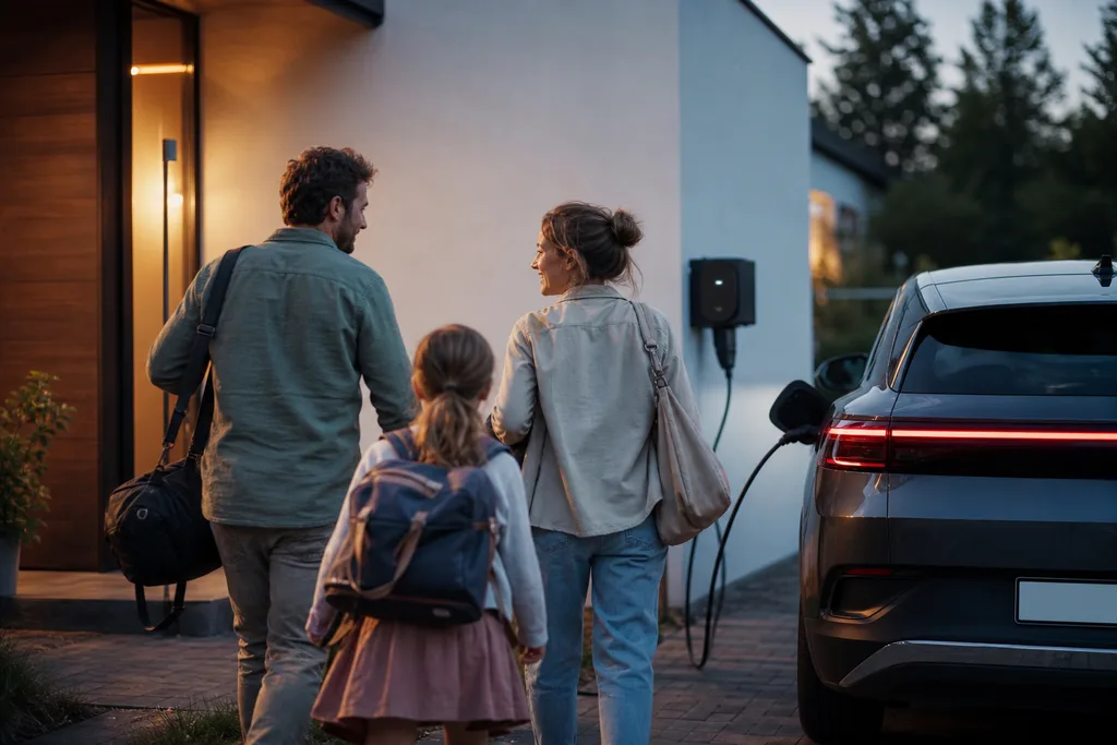 Symbolbild: eine Person lädt ein Elektroauto an einer Wallbox in der Einfahrt eines modernen Hauses.