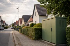 Ratgeber Grundversorgung: ein Wohnviertel mit Stromleitungen und einem Verteilerkasten.