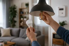 Ratgeber Strom sparen: eine Hand tauscht eine alte Glühbirne gegen eine warme LED-Lampe.