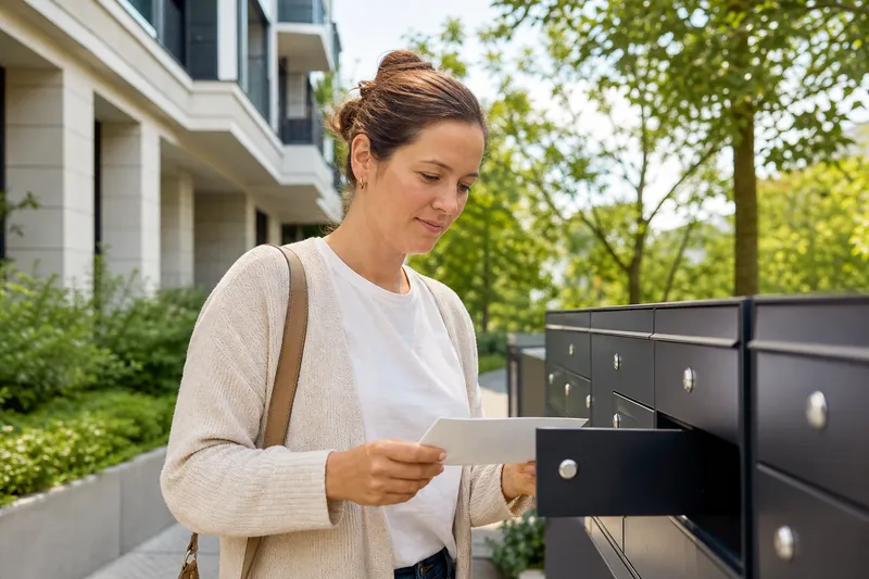 Symbolbild zum Ratgeber „Kündigung wird nicht bestätigt? Dein Vier-Stufen-Plan“: eine Person prüft gelassen den Briefkasten vor dem Haus.