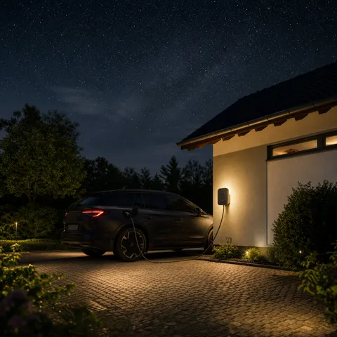 Illustration zum Abschnitt „Drei Hebel, die sich nicht gegenseitig ausschließen“ im Ratgeber „Autostromtarife fürs E-Auto: die drei Hebel für weniger Ladekosten“: eine Einfahrt bei Nacht, das Auto lädt unter Sternenhimmel.