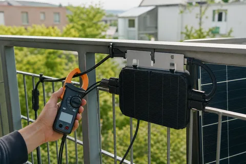 Symbolbild zum Ratgeber „800 Watt oder 2.000 Watt-Peak: die Balkonkraftwerk-Grenzen erklärt“: ein Wechselrichter am Balkongeländer, eine Person misst die Ausgangsleistung mit einem Multimeter.