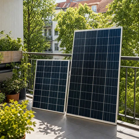 Illustration zum Abschnitt „Der Trick mit der Überbelegung“ im Ratgeber „800 Watt oder 2.000 Watt-Peak: die Balkonkraftwerk-Grenzen erklärt“: zwei unterschiedlich große Solarmodule nebeneinander am Balkongeländer.