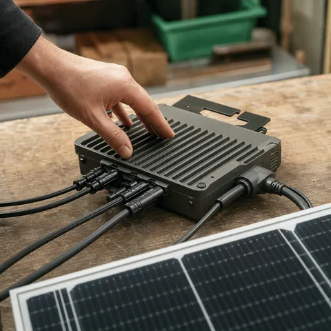 Illustration zum Abschnitt „Zwei Zahlen, ein Missverständnis“ im Ratgeber „800 Watt oder 2.000 Watt-Peak: die Balkonkraftwerk-Grenzen erklärt“: Nahaufnahme eines kompakten Mikro-Wechselrichters auf einer Werkbank.