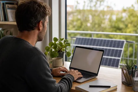Symbolbild zum Ratgeber „Balkonkraftwerk anmelden: die MaStR-Registrierung in fünf Schritten“: eine Person füllt am Laptop ein Online-Formular aus, im Hintergrund ein Balkonkraftwerk vor dem Fenster.