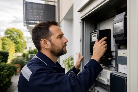 Symbolbild zum Ratgeber „Zähler beim Balkonkraftwerk: Ferraris, mME oder Smart Meter?“: ein Monteur prüft einen geöffneten Zählerschrank.