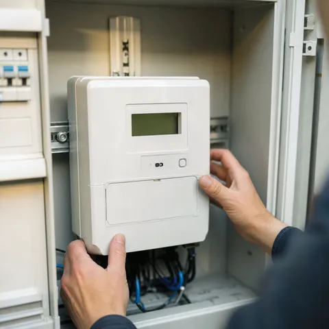 Illustration zum Abschnitt „Der alte Ferraris-Zähler darf erstmal weiterlaufen“ im Ratgeber „Zähler beim Balkonkraftwerk: Ferraris, mME oder Smart Meter?“: Nahaufnahme eines neu installierten digitalen Zählers.