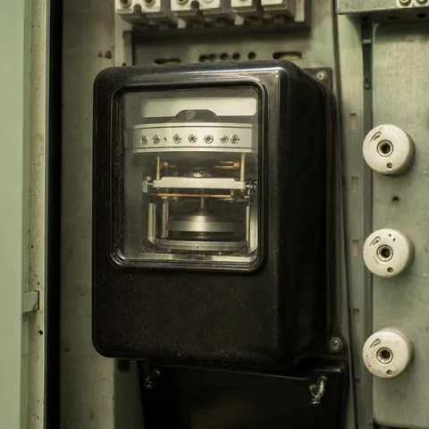 Illustration zum Abschnitt „Warum der Zähler überhaupt zum Thema wird“ im Ratgeber „Zähler beim Balkonkraftwerk: Ferraris, mME oder Smart Meter?“: Nahaufnahme eines alten Ferraris-Zählers im Zählerschrank.
