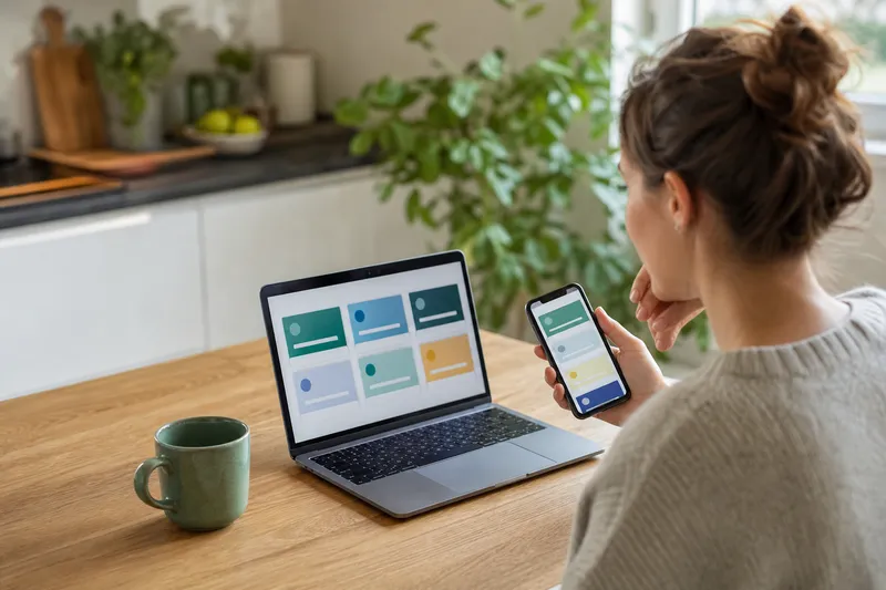 Symbolbild zum Ratgeber „Tibber, aWATTar & Co.: Diese Anbieter haben 2026 dynamische Stromtarife“: eine Person vergleicht mehrere Tarif-Apps auf Laptop und Smartphone.