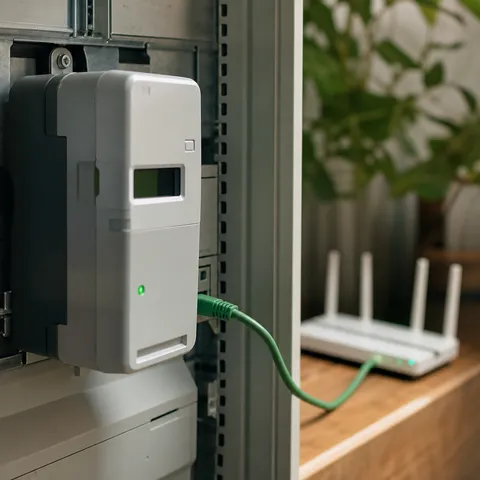 Illustration zum Abschnitt „Ohne Smart Meter geht bei keinem Anbieter etwas“ im Ratgeber „Tibber, aWATTar & Co.: Diese Anbieter haben 2026 dynamische Stromtarife“: Nahaufnahme eines Smart Meters mit Anschluss an den Router.