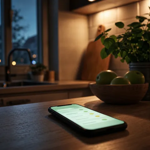 Illustration zum Abschnitt „Zeitvariabel: feste Stufen zu festen Zeiten“ im Ratgeber „Dynamisch, zeitvariabel, variabel: was diese Wörter wirklich bedeuten“: ein Smartphone mit Preis-App liegt auf der Küchenablage.
