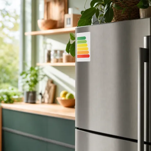 Illustration zum Abschnitt „Das EU-Energielabel entschlüsselt“ im Ratgeber „Energiesparend einrichten: Diese Kaufentscheidungen wirken jahrelang“: Nahaufnahme eines Energielabels am Kühlschrank.