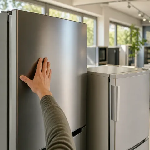 Illustration zum Abschnitt „Der beste Spartipp: einmal richtig einrichten, nie wieder dran denken“ im Ratgeber „Energiesparend einrichten: Diese Kaufentscheidungen wirken jahrelang“: eine Hand vergleicht zwei unterschiedlich große Geräte.