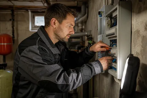 Symbolbild zum Ratgeber „Ersatzversorgung Strom: Das Notfallnetz mit eingebautem Ablaufdatum“: ein Elektriker arbeitet zügig an einem geöffneten Sicherungskasten im Keller.