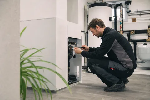 Symbolbild zum Ratgeber „65-Prozent-Regel im GEG: Was bei der nächsten Heizung gilt“: ein Installateur arbeitet an einer modernen Heizungsanlage im Keller.