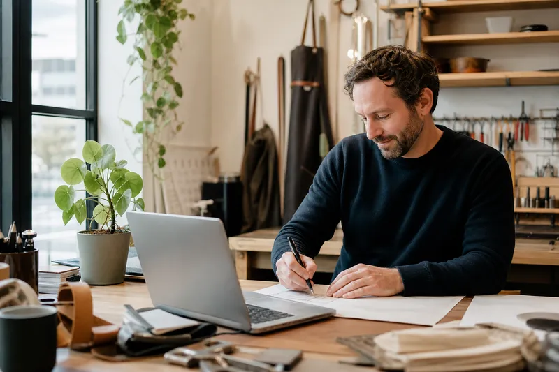 Symbolbild zum Ratgeber „Gewerbestrom für Selbstständige und Kleingewerbe: So funktioniert er“: eine Selbstständige arbeitet in ihrem hellen Atelier.