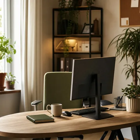 Illustration zum Abschnitt „Ja, auch dein kleines Büro braucht einen Gewerbestromtarif“ im Ratgeber „Gewerbestrom für Selbstständige und Kleingewerbe: So funktioniert er“: ein kleines Homeoffice mit Schreibtisch und Kaffeetasse.