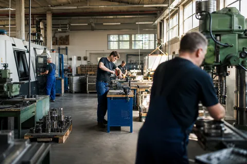 Symbolbild zum Ratgeber „Lastspitzen im Betrieb: Wie eine Viertelstunde die Stromrechnung prägt“: eine Werkstatt mit mehreren gleichzeitig laufenden Maschinen.