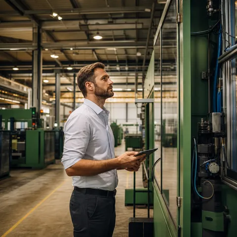 Illustration zum Abschnitt „Registrierende Leistungsmessung: genaue Messung mit Leistungspreis“ im Ratgeber „SLP oder RLM: Wie dein Betrieb gemessen und abgerechnet wird“: eine größere Produktionshalle mit industrieller Ausstattung.