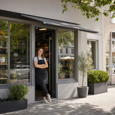 Illustration zum Abschnitt „SLP oder RLM: die 100.000-kWh-Frage“ im Ratgeber „SLP oder RLM: Wie dein Betrieb gemessen und abgerechnet wird“: die Fassade eines kleinen Ladengeschäfts.