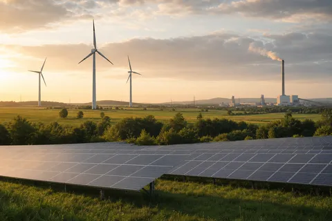 Symbolbild zum Ratgeber „Graustrom und der Strommix: das Steckdosen-Paradox“: eine Landschaft mit Windrädern, Solaranlagen und einem fernen Kraftwerk.