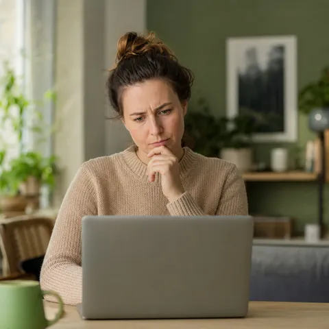 Illustration zum Abschnitt „Erwartung und Realität liegen oft auseinander“ im Ratgeber „Greenwashing bei Ökostrom: 5 Warnsignale“: eine Person schaut zweifelnd auf den Laptop.