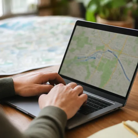 Illustration zum Abschnitt „Warum dein Nachbar einen anderen Grundversorger haben kann“ im Ratgeber „Grundversorger finden: Postleitzahl reicht nicht“: Nahaufnahme einer Adresssuche am Laptop.