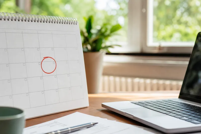 Symbolbild zum Ratgeber „Grundversorgung kündigen: musst du meist gar nicht selbst“: ein Wandkalender mit markiertem Datum neben dem Laptop.