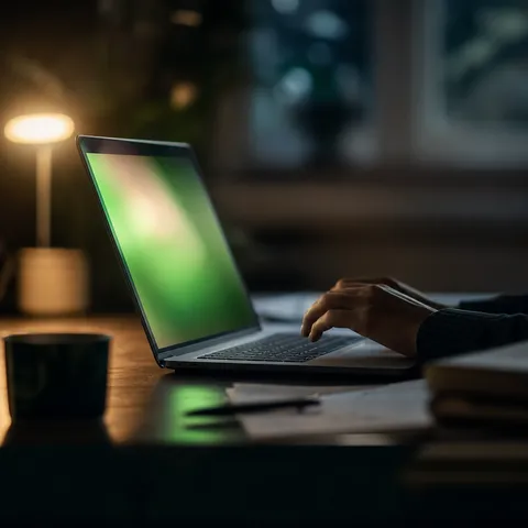 Illustration zum Abschnitt „Ein Zertifikat mit einer eingebauten Schwäche“ im Ratgeber „Herkunftsnachweis Strom: Zertifikat mit Grenzen“: Nahaufnahme eines Laptop-Bildschirms in gedimmtem Licht.