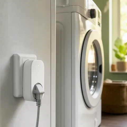 Illustration zum Abschnitt „Automatisierung schlägt Disziplin“ im Ratgeber „Lastverschiebung im dynamischen Tarif: so lohnt sie sich“: Nahaufnahme einer smarten Steckdose an der Waschmaschine.
