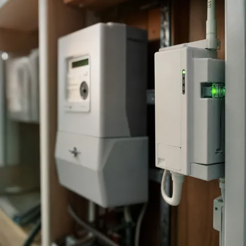 Illustration zum Abschnitt „Das Smart-Meter-Gateway macht den Unterschied“ im Ratgeber „mME oder iMSys: Zwei Zähler, ein Unterschied“: Nahaufnahme eines Smart-Meter-Gateways neben dem Zähler.