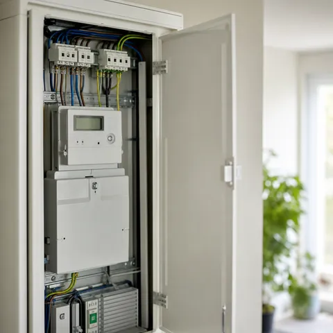 Illustration zum Abschnitt „Ein Blick in den Zählerschrank“ im Ratgeber „mME oder iMSys: Zwei Zähler, ein Unterschied“: Nahaufnahme eines geöffneten Zählerschranks mit modernem Zähler.