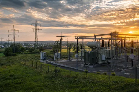 Symbolbild zum Ratgeber „Netzentgelte: Darum kostet Strom je nach Ort verschieden“: ein Umspannwerk mit Transformatoren in ländlicher Umgebung bei Dämmerung.