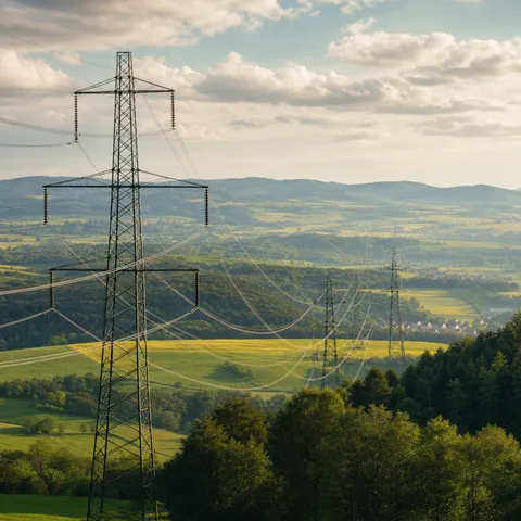 Illustration zum Abschnitt „Wer die Höhe festlegt“ im Ratgeber „Netzentgelte: Darum kostet Strom je nach Ort verschieden“: Stromleitungen ziehen sich über eine hügelige Landschaft.