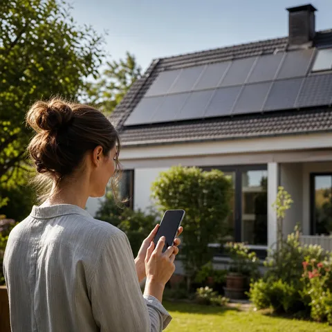 Illustration zum Abschnitt „Der eigentliche Hebel heißt Eigenverbrauch“ im Ratgeber „PV-Einspeisevergütung 2026: Zahlen, Fristen, Anmeldung“: eine Person prüft den Solarertrag auf dem Smartphone im Garten.