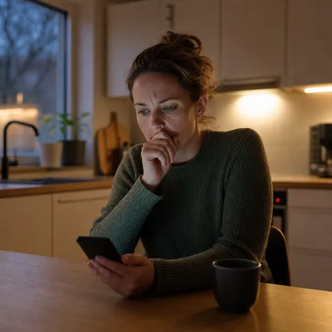 Illustration zum Abschnitt „Nicht jeder Haushalt passt zum dynamischen Tarif“ im Ratgeber „Risiken dynamischer Stromtarife: Preisspitzen im Blick“: eine Person schaut nachdenklich aufs Smartphone in der Abendküche.