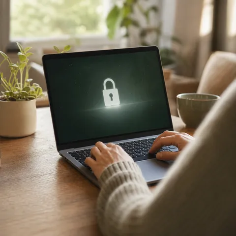 Illustration zum Abschnitt „Verschlüsselung und sichere Identitäten“ im Ratgeber „Smart Meter: Wie sicher sind deine Verbrauchsdaten?“: Hände tippen eine sichere Anmeldung am Laptop.