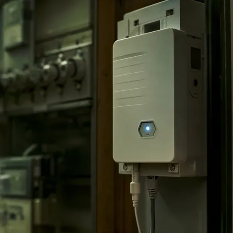 Illustration zum Abschnitt „Wer sieht eigentlich, wann du Strom verbrauchst?“ im Ratgeber „Smart Meter: Wie sicher sind deine Verbrauchsdaten?“: Nahaufnahme eines Gateways mit Sicherheitsmodul.