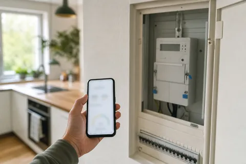 Symbolbild zum Ratgeber „Ohne Smart Meter kein dynamischer Stromtarif“: eine Hand hält ein Smartphone mit Energie-App vor dem Zählerschrank.