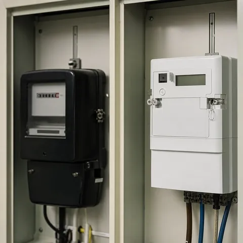 Illustration zum Abschnitt „Warum eine mME dafür nicht genügt“ im Ratgeber „Ohne Smart Meter kein dynamischer Stromtarif“: ein einfacher Zähler neben einem modernen intelligenten Messsystem.