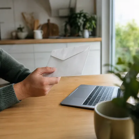 Illustration zum Abschnitt „Die häufigste Sorge zuerst: sind die Kosten gedeckelt?“ im Ratgeber „Was kostet ein Smart Meter? Die Preisobergrenzen erklärt“: Nahaufnahme eines Briefumschlags neben dem Laptop.