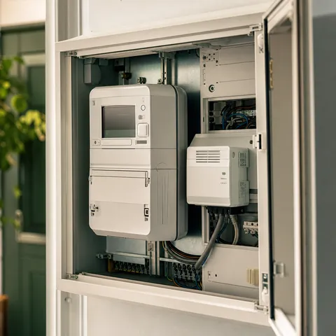 Illustration zum Abschnitt „Wie die Preisobergrenzen gestaffelt sind“ im Ratgeber „Was kostet ein Smart Meter? Die Preisobergrenzen erklärt“: Nahaufnahme eines Zählerschranks mit zusätzlichem Steuermodul.