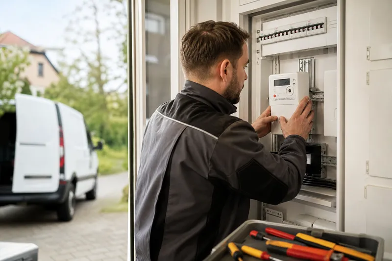 Symbolbild zum Ratgeber „Smart-Meter-Pflicht: Diese drei Schwellen zählen“: ein Installateur montiert einen neuen digitalen Zähler im Schrank.