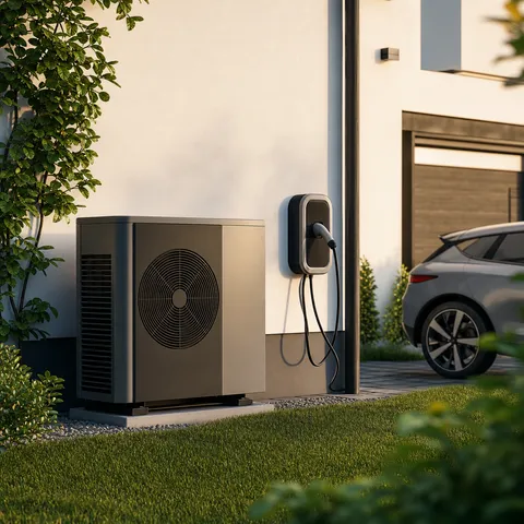 Illustration zum Abschnitt „Drei Schwellen entscheiden über deinen Einbau“ im Ratgeber „Smart-Meter-Pflicht: Diese drei Schwellen zählen“: Wärmepumpe und Wallbox vor einem Haus, Sinnbild steuerbarer Verbraucher.