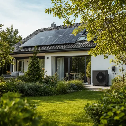 Illustration zum Abschnitt „Steuerbare Einrichtungen: Wärmepumpe, Wallbox & Co“ im Ratgeber „Smart-Meter-Pflicht: Diese drei Schwellen zählen“: ein Hausdach mit Solaranlage aus dem Garten gesehen.